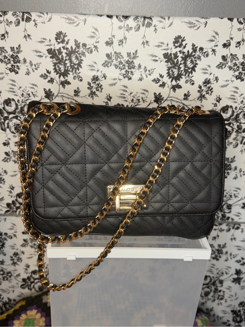 Aldo Black Quilted Shoulder Bag with Gold Chain